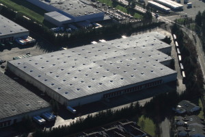 Aerial view of a Malarkey built-up hot tar roof.