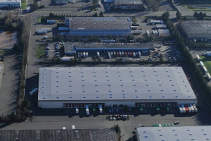 Aerial view of a Malarkey built-up hot tar roof.