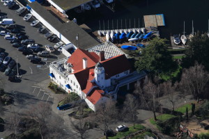 Aerial view of Malarkey shingle roof on a Yacht club in Seattle.