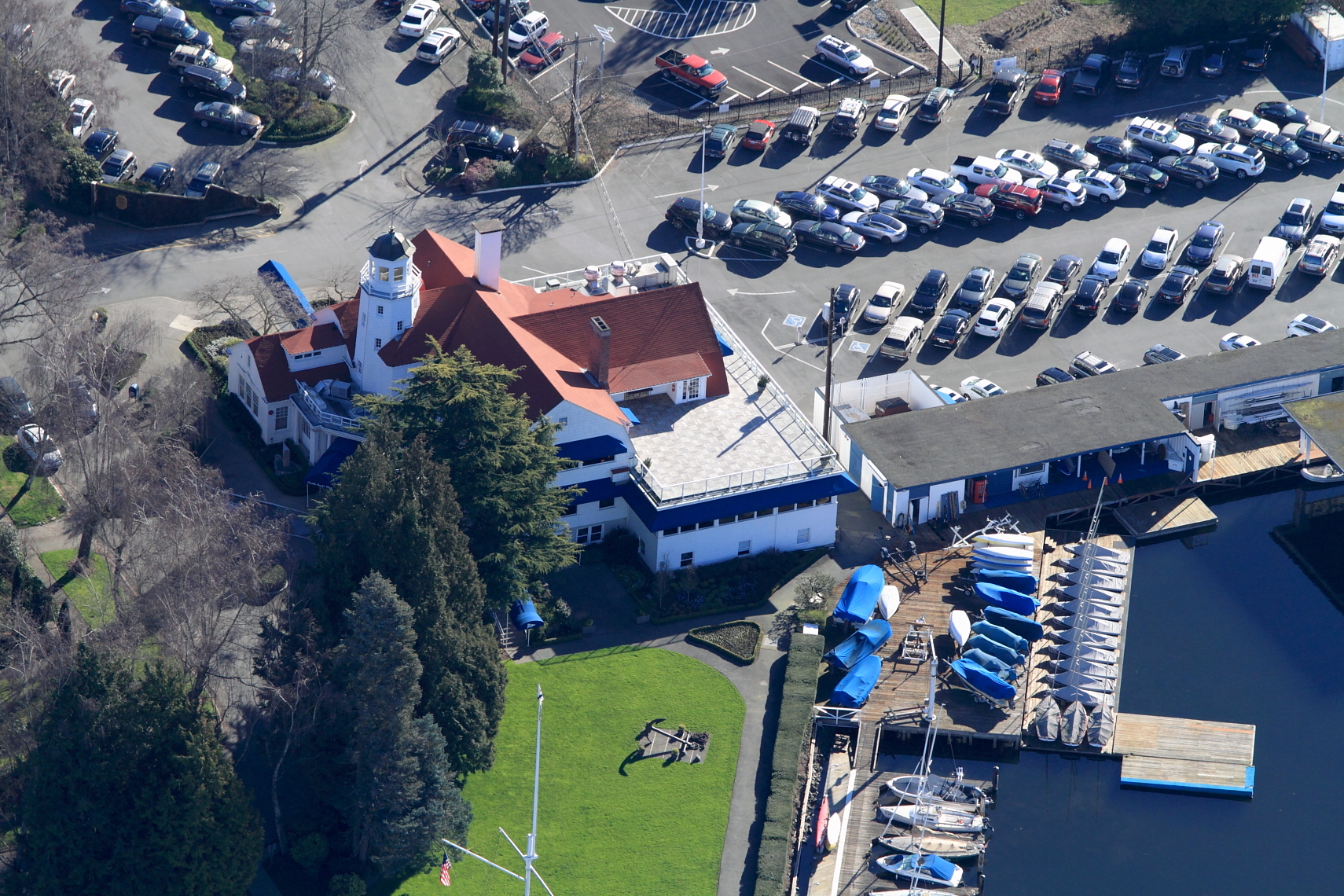Aerial view of Malarkey shingle roof on a Yacht club in Seattle.