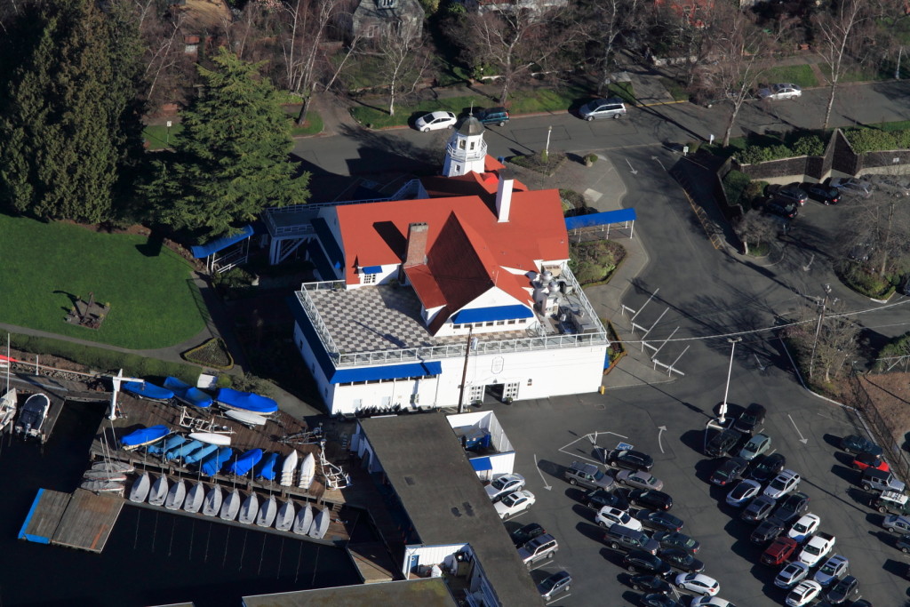 Aerial view of Malarkey shingle roof on a Yacht club in Seattle.