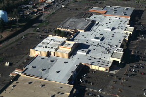Aerial view of a Malarkey and Soprema Built-Up Hot Tar Roof at Everett mall.