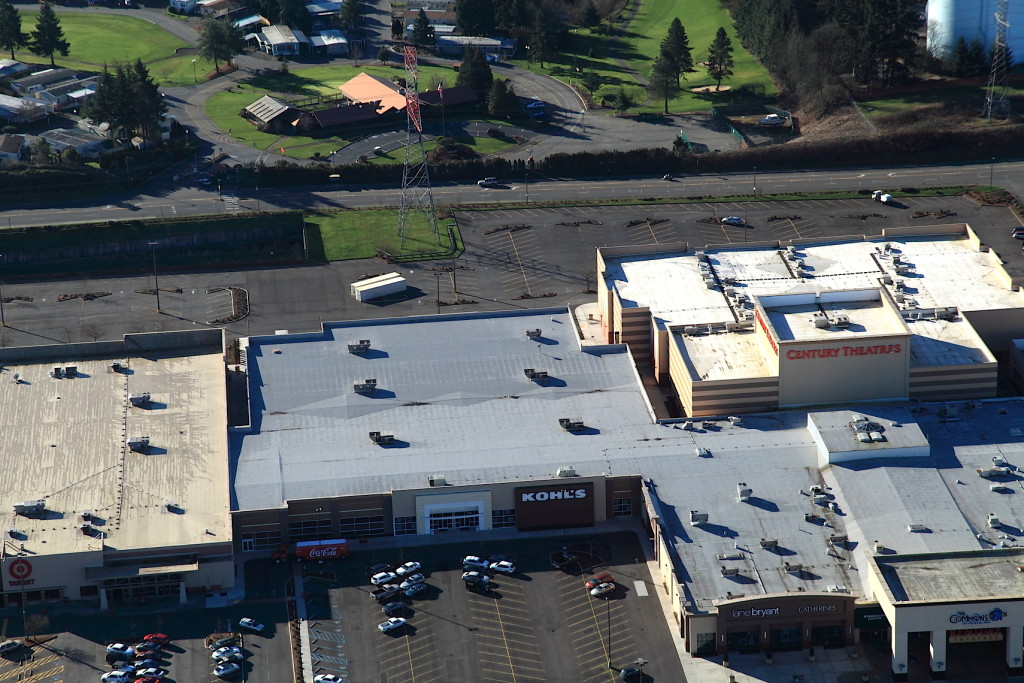 Aerial view of a Malarkey and Soprema Built-Up Hot Tar Roof at Everett mall.