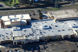 Aerial view of a Malarkey and Soprema Built-Up Hot Tar Roof at Everett mall.