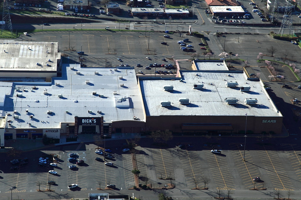 Aerial view of a Malarkey and Soprema Built-Up Hot Tar Roof at Everett mall.