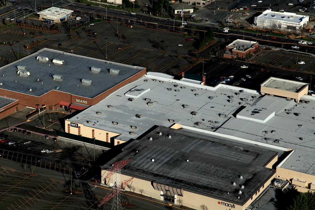 Aerial view of a Malarkey and Soprema Built-Up Hot Tar Roof at Everett mall.