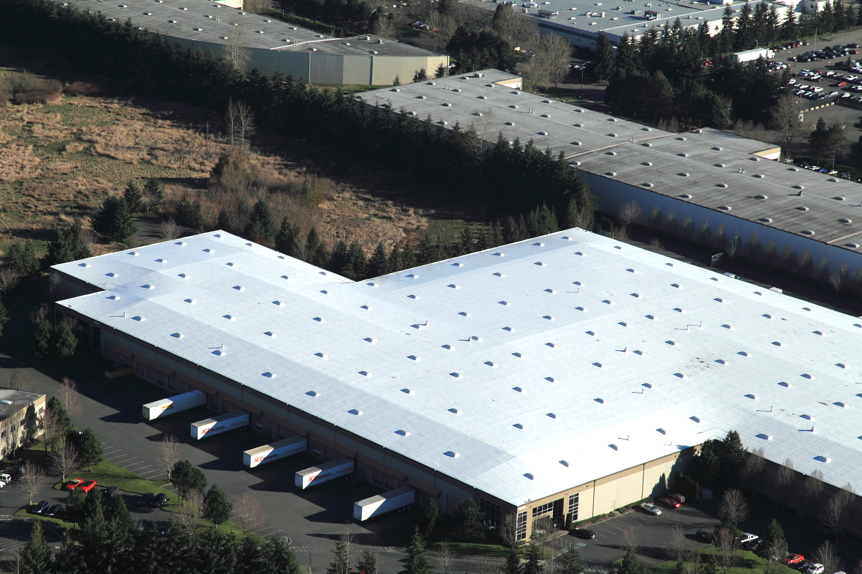 Aerial view of a Sarnafil 60 mil single-ply membrane roof.