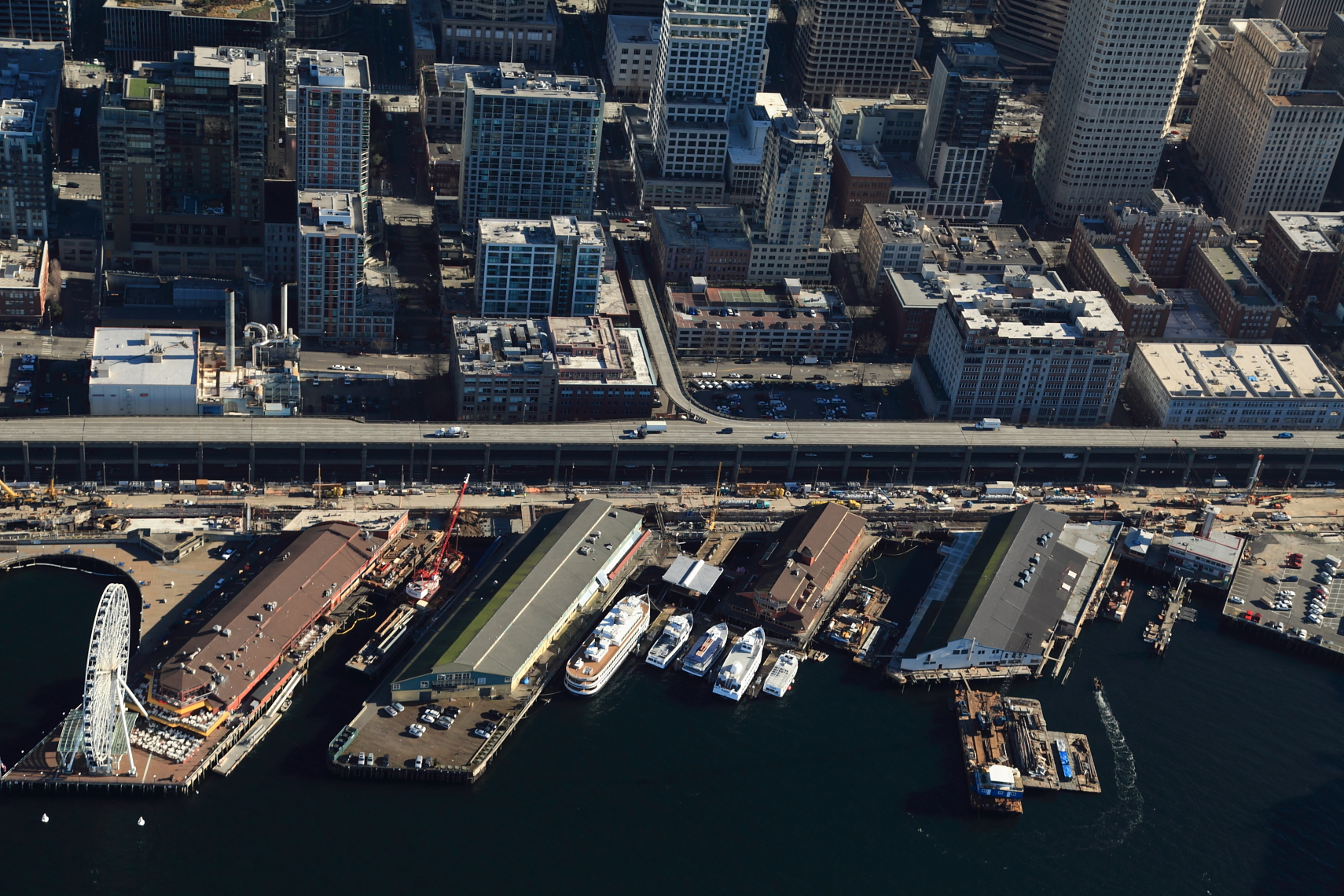 Aerial view of Ivar's at Pier 54 in Seattle where we built installed Malarkey Legacy Asphalt Shingle Roofing.