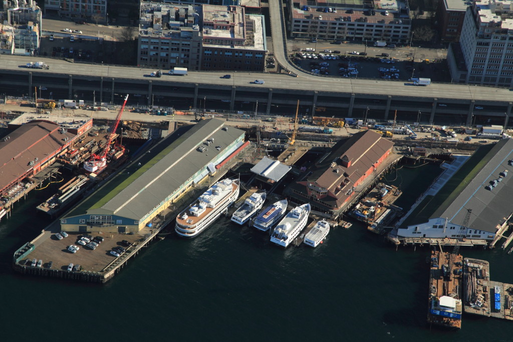 Aerial view of Ivar's at Pier 54 in Seattle where we built installed Malarkey Legacy Asphalt Shingle Roofing.