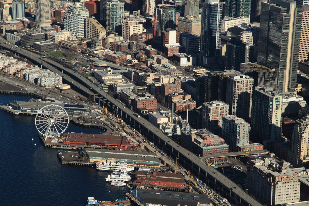 Aerial view of Ivar's at Pier 54 in Seattle where we built installed Malarkey Legacy Asphalt Shingle Roofing.