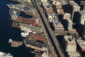 Aerial view of Ivar's at Pier 54 in Seattle where we built installed Malarkey Legacy Asphalt Shingle Roofing.