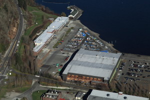 Aerial view of Versico 60 mil TPO single-ply membrane roof on Arena Sports in Seattle.