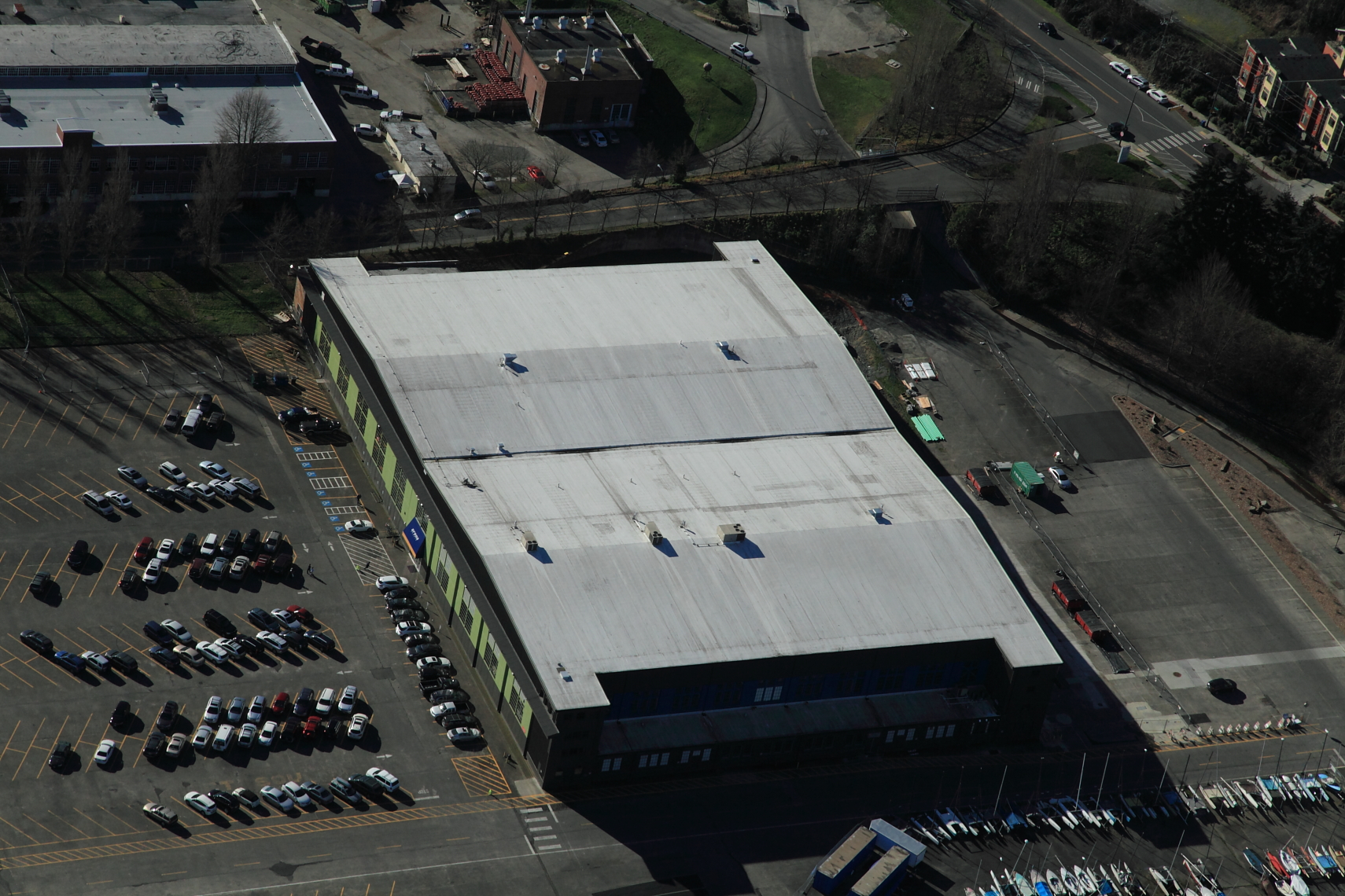 Aerial view of Versico 60 mil TPO single-ply membrane roof on Arena Sports in Seattle.