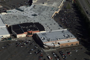 Aerial view of a Malarkey and Soprema Built-Up Hot Tar Roof at Everett mall.