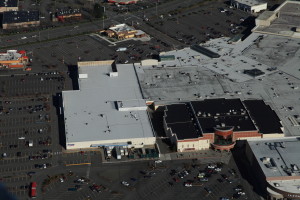 Aerial view of a Malarkey and Soprema Built-Up Hot Tar Roof at Everett mall.