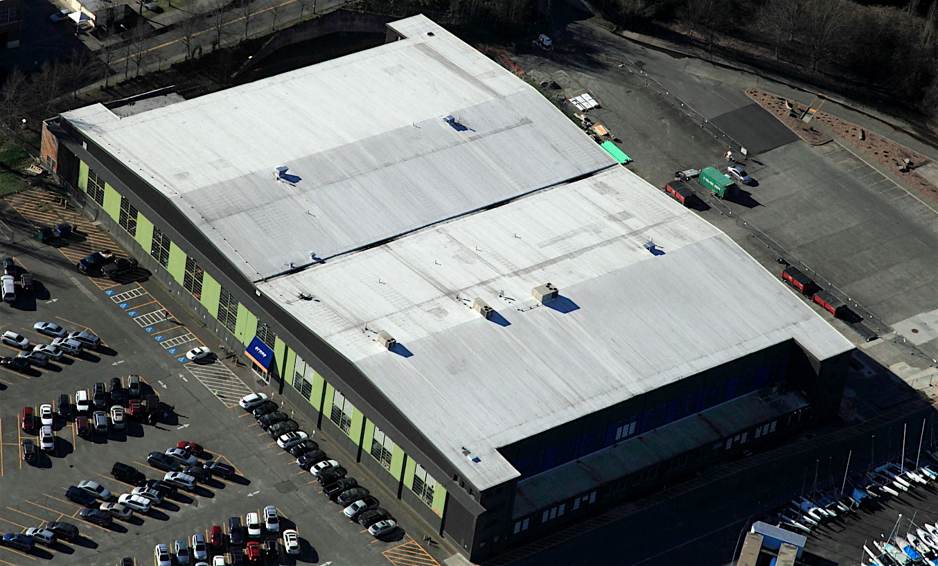 Aerial view of Commercial Roofing Project in Sand Point, WA.