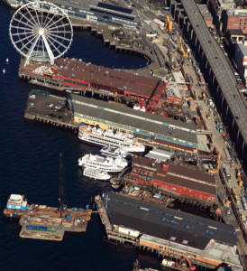 Aerial view of Commercial Roofing system for Ivar’s at Pier 54 in Seattle, WA