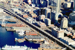 Aerial view of Commercial Roofing system for Ivar’s at Pier 54 in Seattle, WA