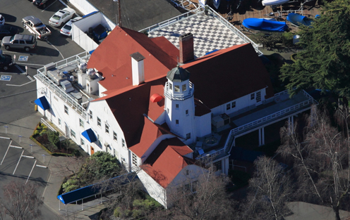 Aerial view of Malarkey shingle roof on a Seattle yacht club.