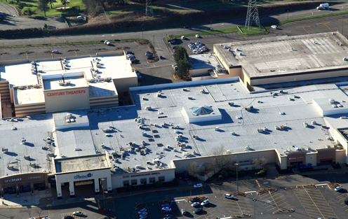 Aerial view of a Malarkey Built-up Hot Tar Roof for the Commons mall in Federal Way, WA.