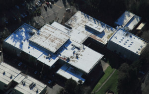 Aerial view of a Sarnafil 60 mil Single Ply Roof on the Jewish center of Mercer Island, WA.