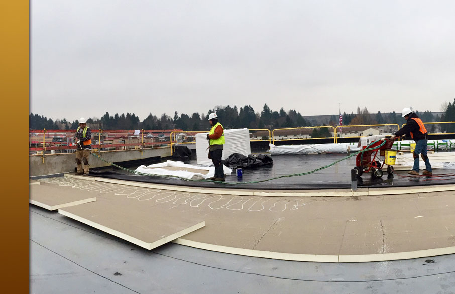 Three roofers form Stanley Roofing work atop a roof.