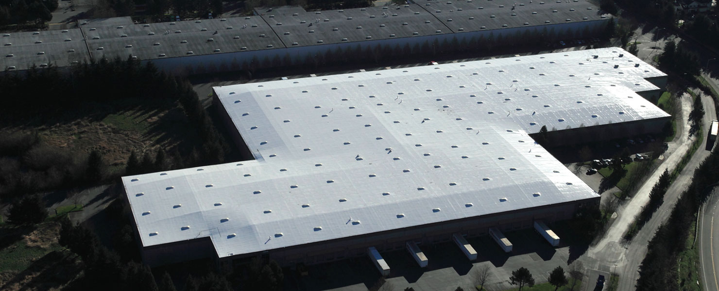 Aerial view of commercial single-ply roof.