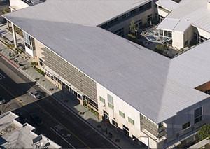 Aerial view of large tapered roof for a commercial facility.